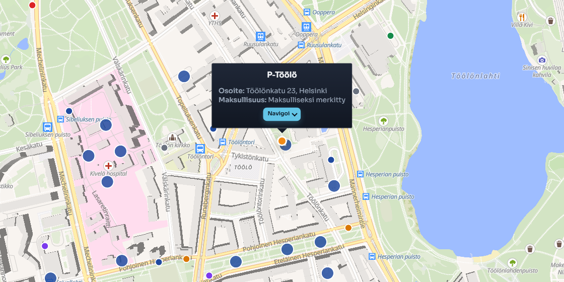 Parkkiinin kartta P-Töölön ympäristössä Helsingissä